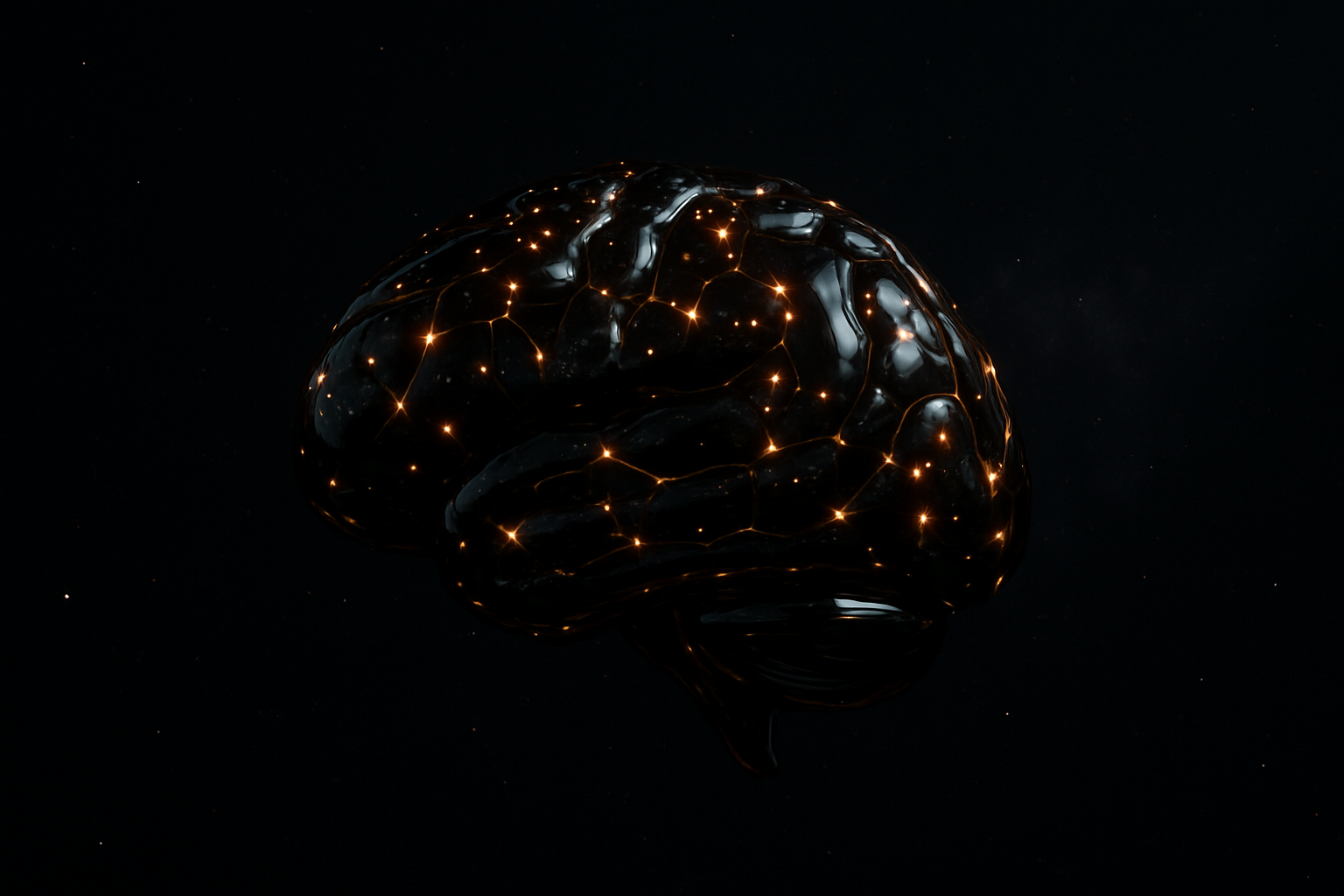 An obsidian brain formed from living constellation stars, glowing with ember-orange light against deep space